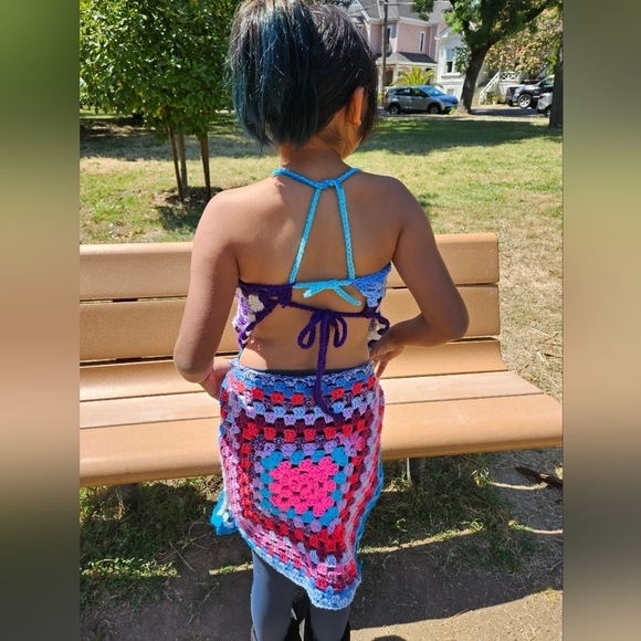 Hand Crafted crochet halter top split dress open back swim coverup multicolored - Picture 10 of 17